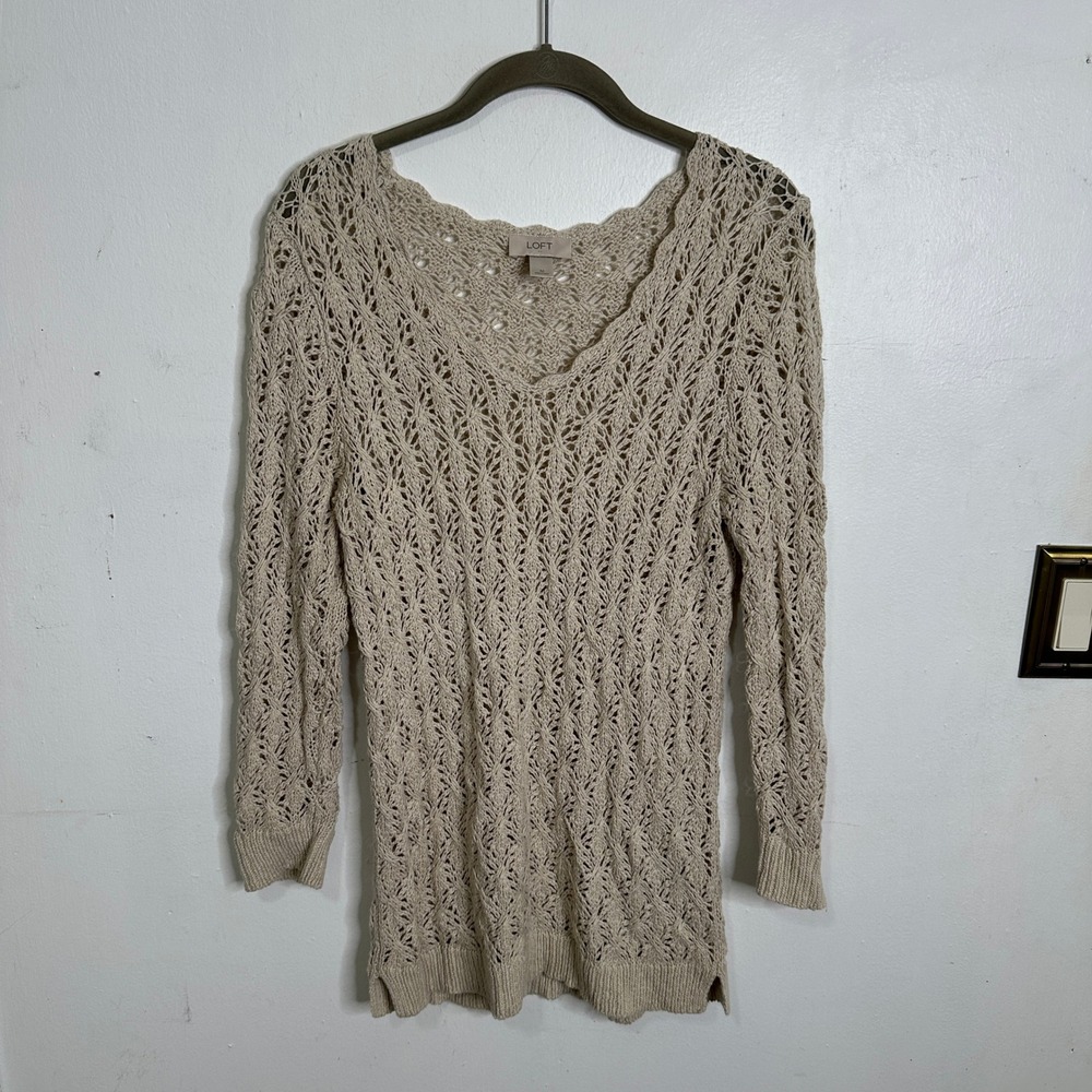 Loft Ann Taylor Oatmeal Pointelle Knit Scalloped V-Neck Sweater M Fisherman
